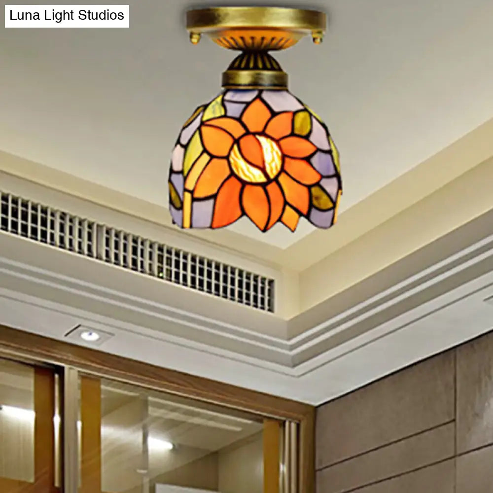 Rustic Orange Sunflower Stained Glass Flush Ceiling Light - 6-Inch, 1 Head - Ideal for Corridor