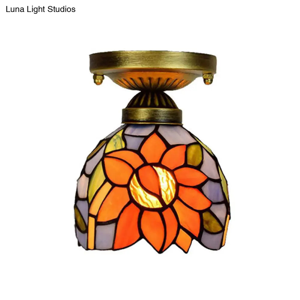 Rustic Orange Sunflower Stained Glass Flush Ceiling Light - 6-Inch, 1 Head - Ideal for Corridor