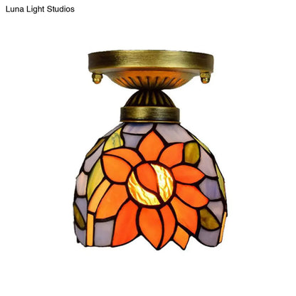 Rustic Orange Sunflower Stained Glass Flush Ceiling Light - 6-Inch, 1 Head - Ideal for Corridor