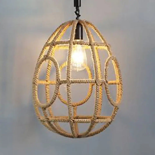 Rustic Pendant Lighting with Oval Cage Shade and Rope Detail - 1 Bulb Suspended Lamp in Beige, Ideal for Restaurants