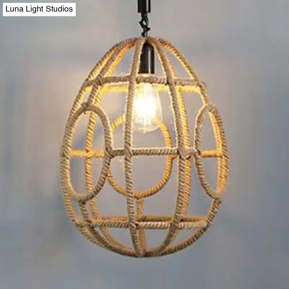 Rustic Pendant Lighting with Oval Cage Shade and Rope Detail - 1 Bulb Suspended Lamp in Beige, Ideal for Restaurants