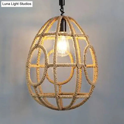 Rustic Pendant Lighting with Oval Cage Shade and Rope Detail - 1 Bulb Suspended Lamp in Beige, Ideal for Restaurants