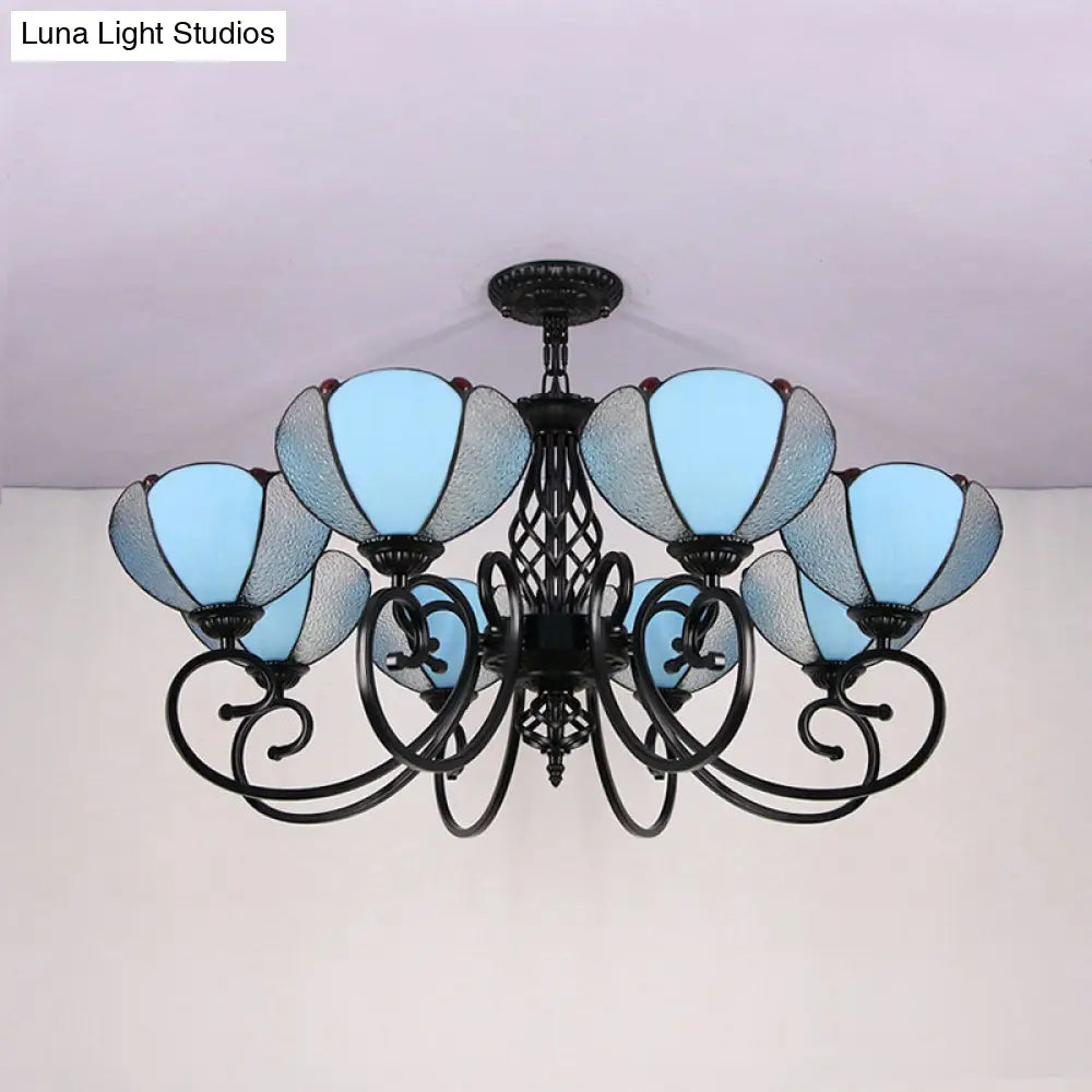 Rustic Petal Shape Chandelier - Light Blue and Clear Glass Shade - 8-Light Pendant Light for Hallway