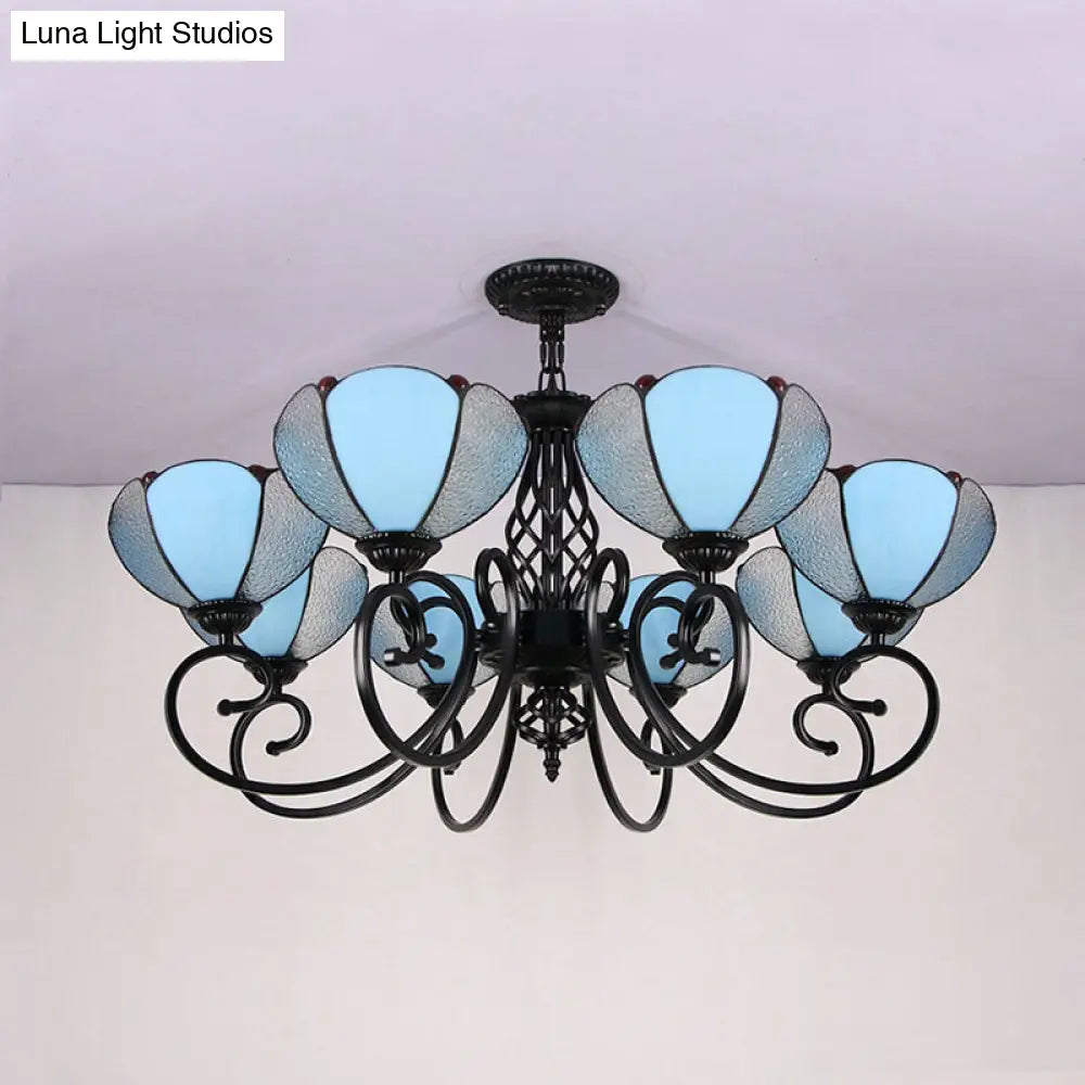 Rustic Petal Shape Chandelier - Light Blue and Clear Glass Shade - 8-Light Pendant Light for Hallway