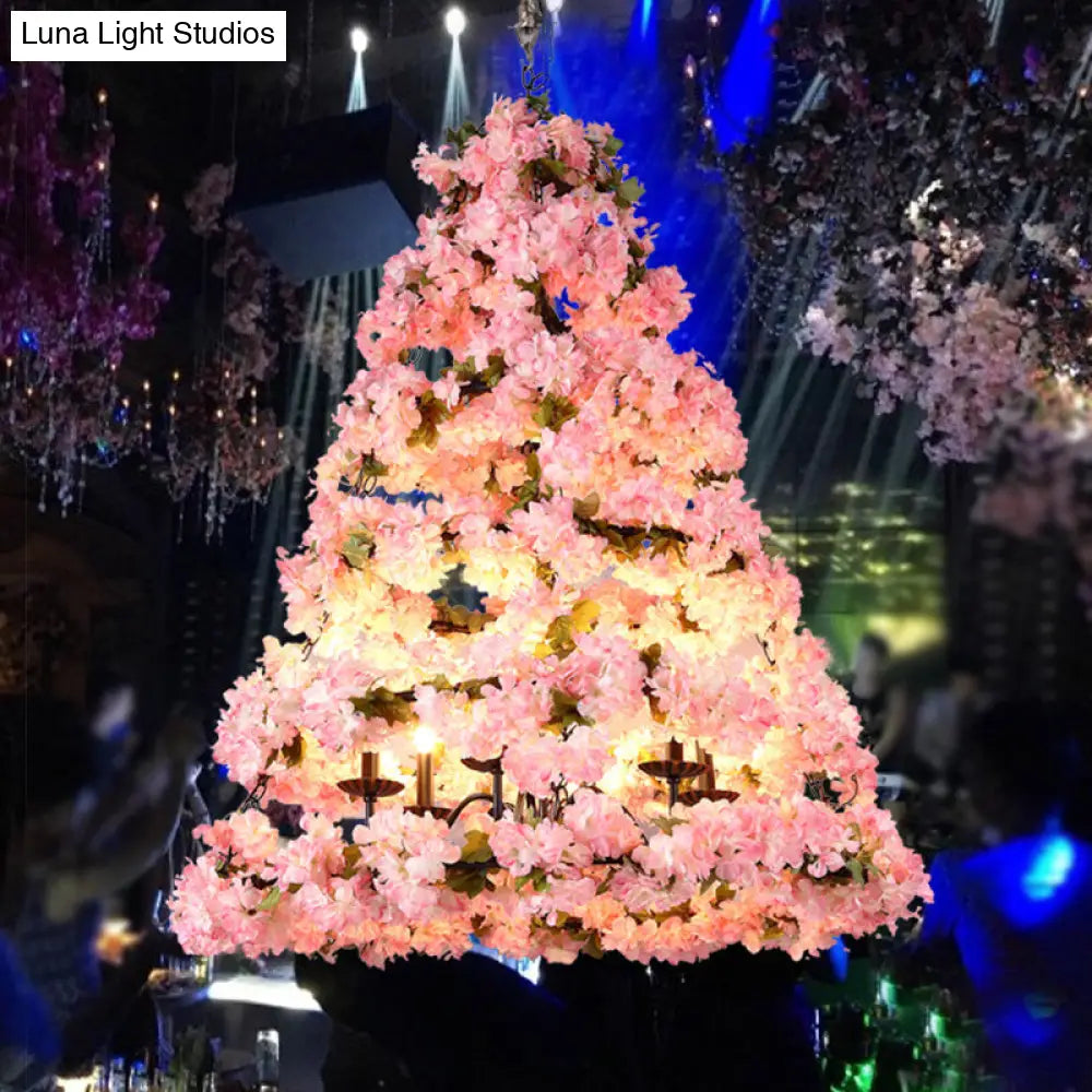 Rustic Pink Blooming Christmas Tree Chandelier: Wine Club LED Pendant Light with Metallic Finish