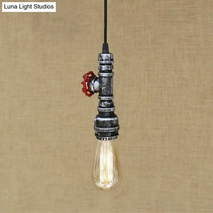 Rustic Pipe Hanging Lamp: Farmhouse Style Wrought Iron Light Fixture with Red Valve - Black/Silver/Brass