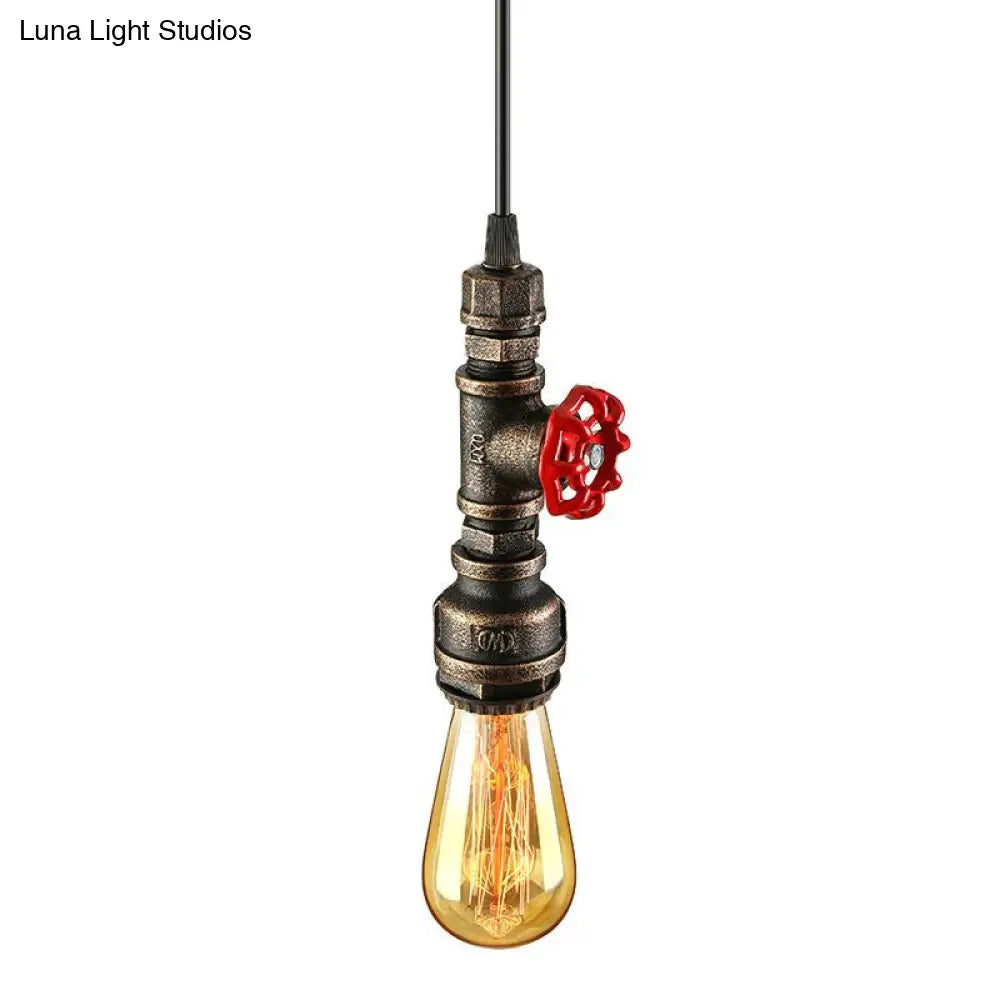 Rustic Pipe Hanging Lamp: Farmhouse Style Wrought Iron Light Fixture with Red Valve - Black/Silver/Brass