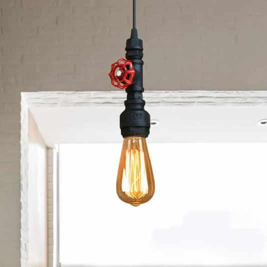 Rustic Pipe Hanging Lamp: Farmhouse Style Wrought Iron Light Fixture with Red Valve - Black/Silver/Brass