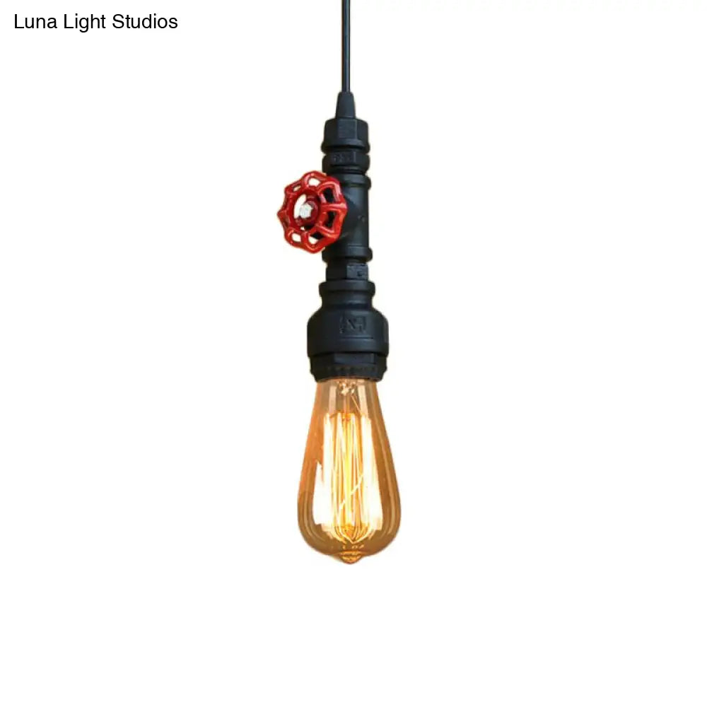 Rustic Pipe Hanging Lamp: Farmhouse Style Wrought Iron Light Fixture with Red Valve - Black/Silver/Brass