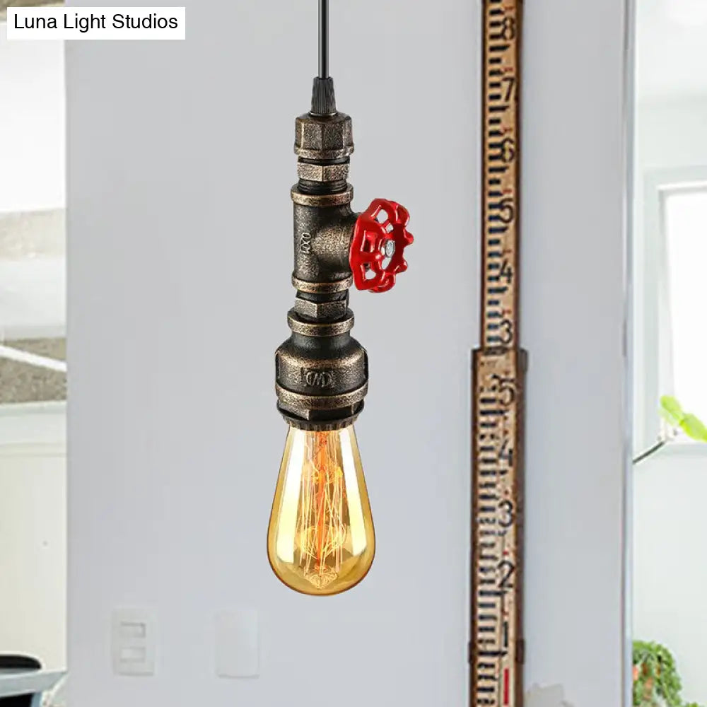 Rustic Pipe Hanging Lamp: Farmhouse Style Wrought Iron Light Fixture with Red Valve - Black/Silver/Brass