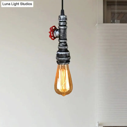 Rustic Pipe Hanging Lamp: Farmhouse Style Wrought Iron Light Fixture with Red Valve - Black/Silver/Brass