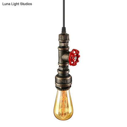 Rustic Pipe Hanging Lamp: Farmhouse Style Wrought Iron Light Fixture with Red Valve - Black/Silver/Brass