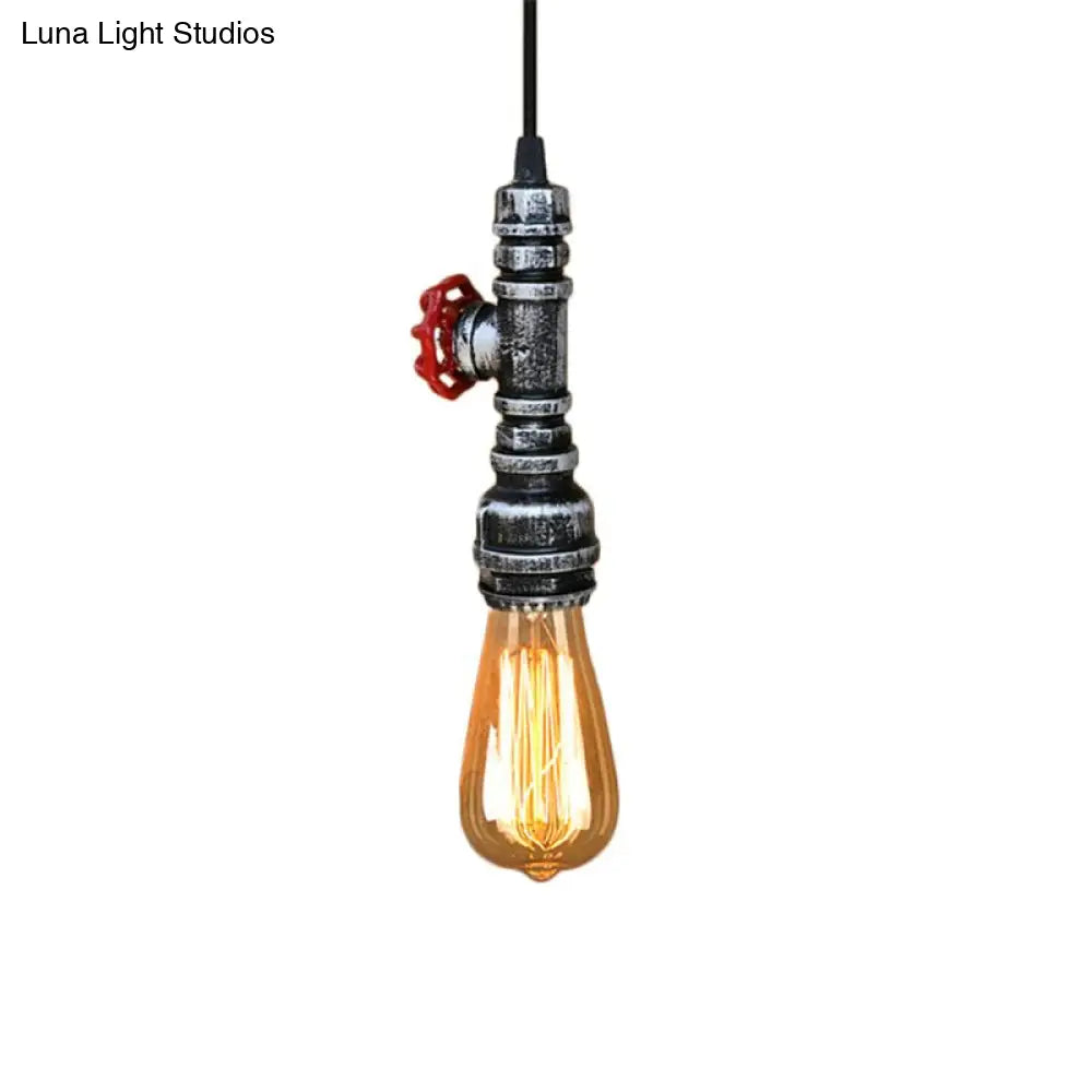 Rustic Pipe Hanging Lamp: Farmhouse Style Wrought Iron Light Fixture with Red Valve - Black/Silver/Brass