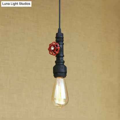 Rustic Pipe Hanging Lamp: Farmhouse Style Wrought Iron Light Fixture with Red Valve - Black/Silver/Brass