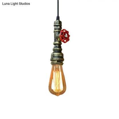 Rustic Pipe Hanging Lamp: Farmhouse Style Wrought Iron Light Fixture with Red Valve - Black/Silver/Brass