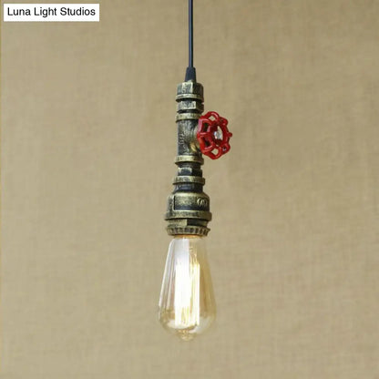 Rustic Pipe Hanging Lamp: Farmhouse Style Wrought Iron Light Fixture with Red Valve - Black/Silver/Brass