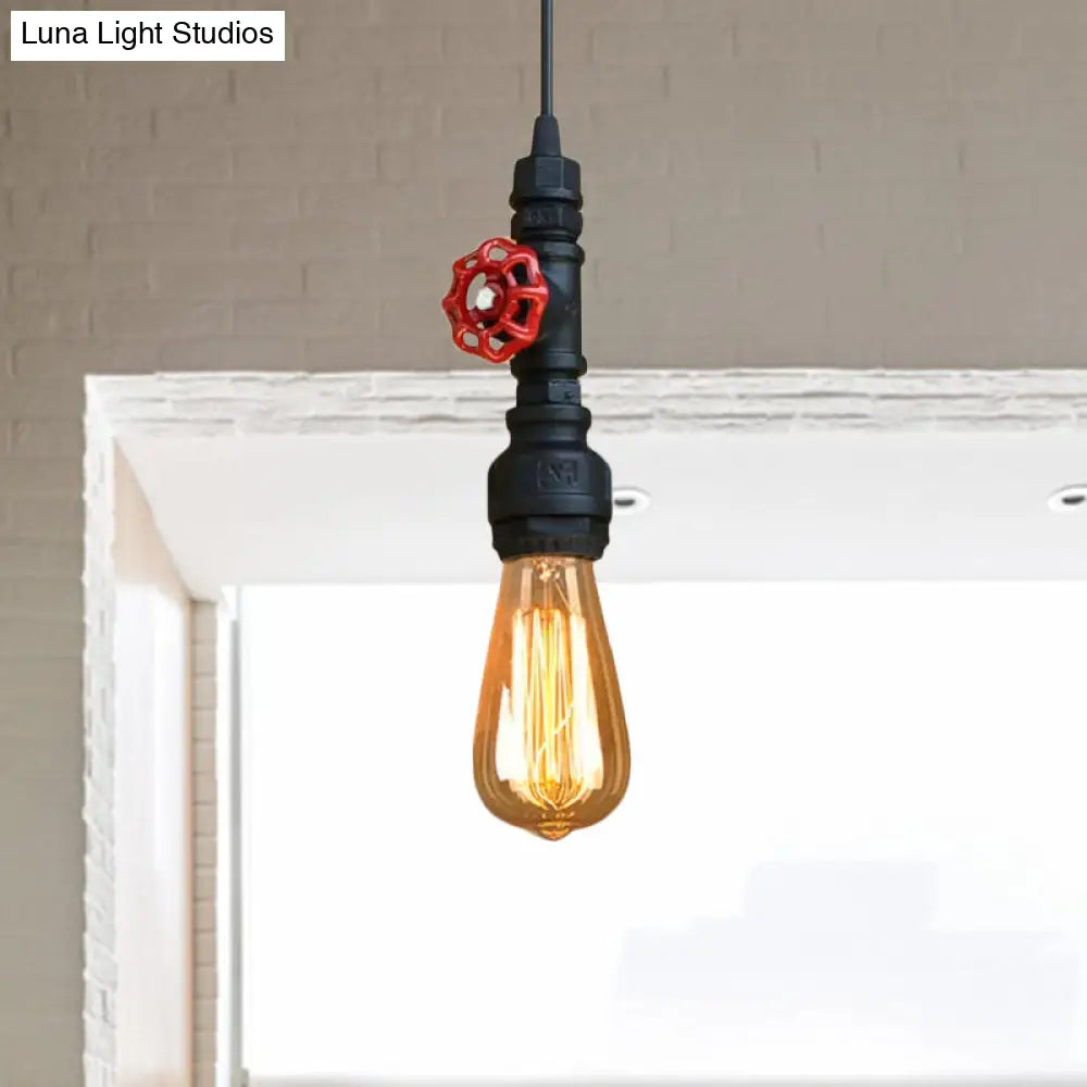 Rustic Pipe Hanging Lamp: Farmhouse Style Wrought Iron Light Fixture with Red Valve - Black/Silver/Brass