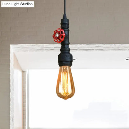 Rustic Pipe Hanging Lamp: Farmhouse Style Wrought Iron Light Fixture with Red Valve - Black/Silver/Brass