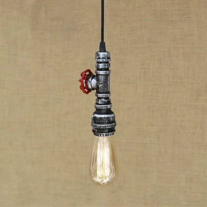 Rustic Pipe Hanging Lamp: Farmhouse Style Wrought Iron Light Fixture with Red Valve - Black/Silver/Brass