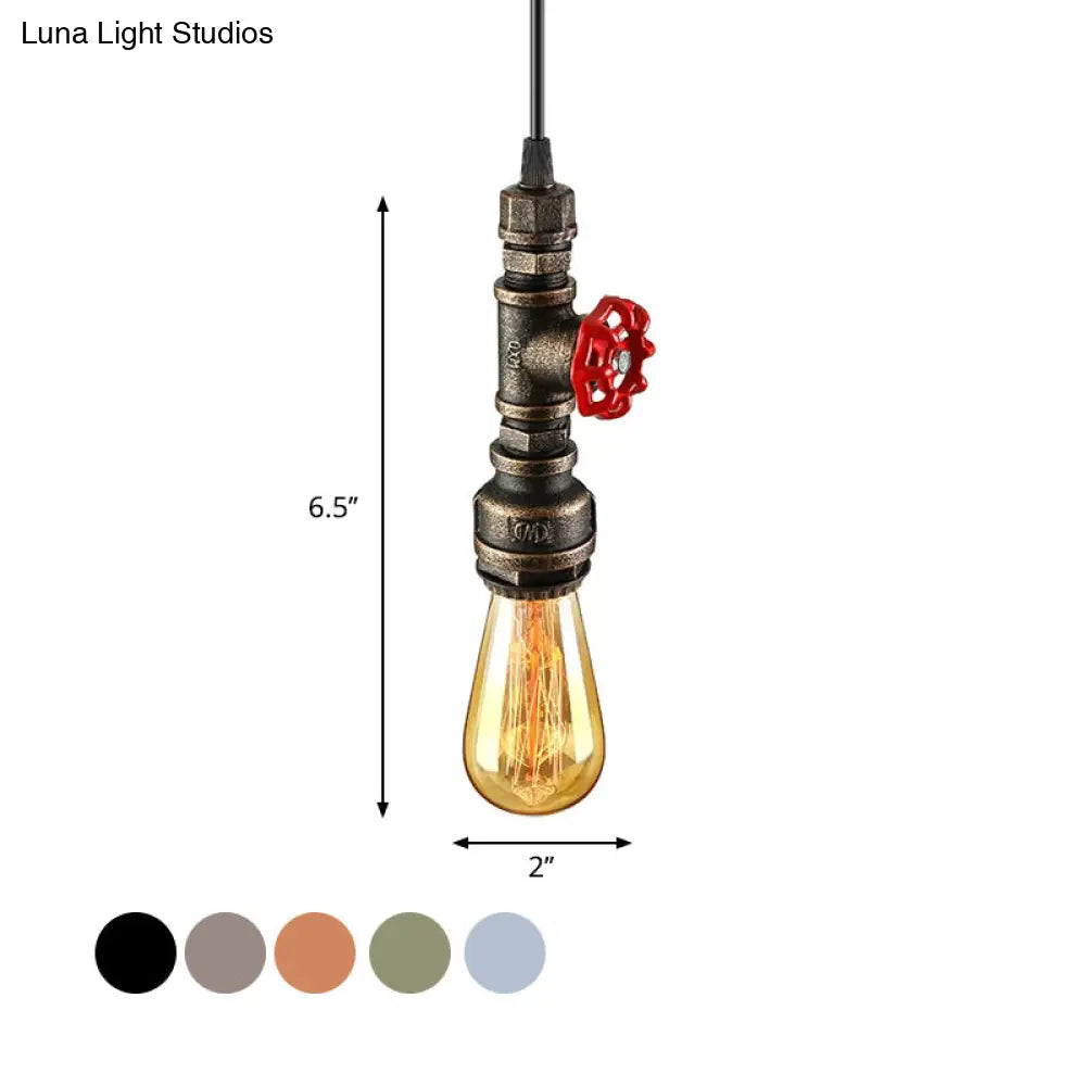 Rustic Pipe Hanging Lamp: Farmhouse Style Wrought Iron Light Fixture with Red Valve - Black/Silver/Brass