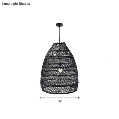 Rustic Rattan 1-Head Domed Pendant Lamp for Bedroom Ceiling