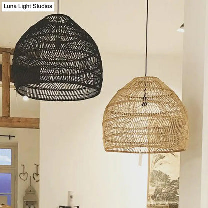 Rustic Rattan 1-Head Domed Pendant Lamp for Bedroom Ceiling