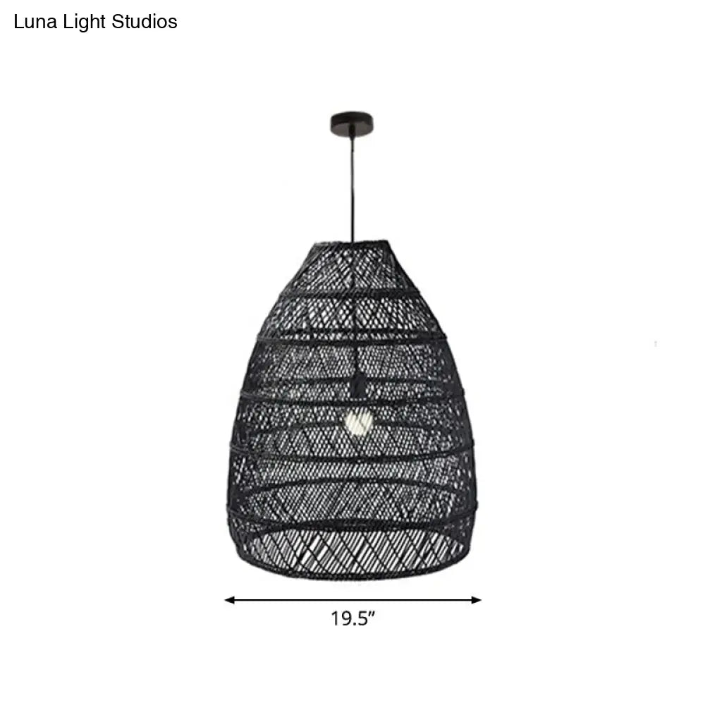 Rustic Rattan 1-Head Domed Pendant Lamp for Bedroom Ceiling