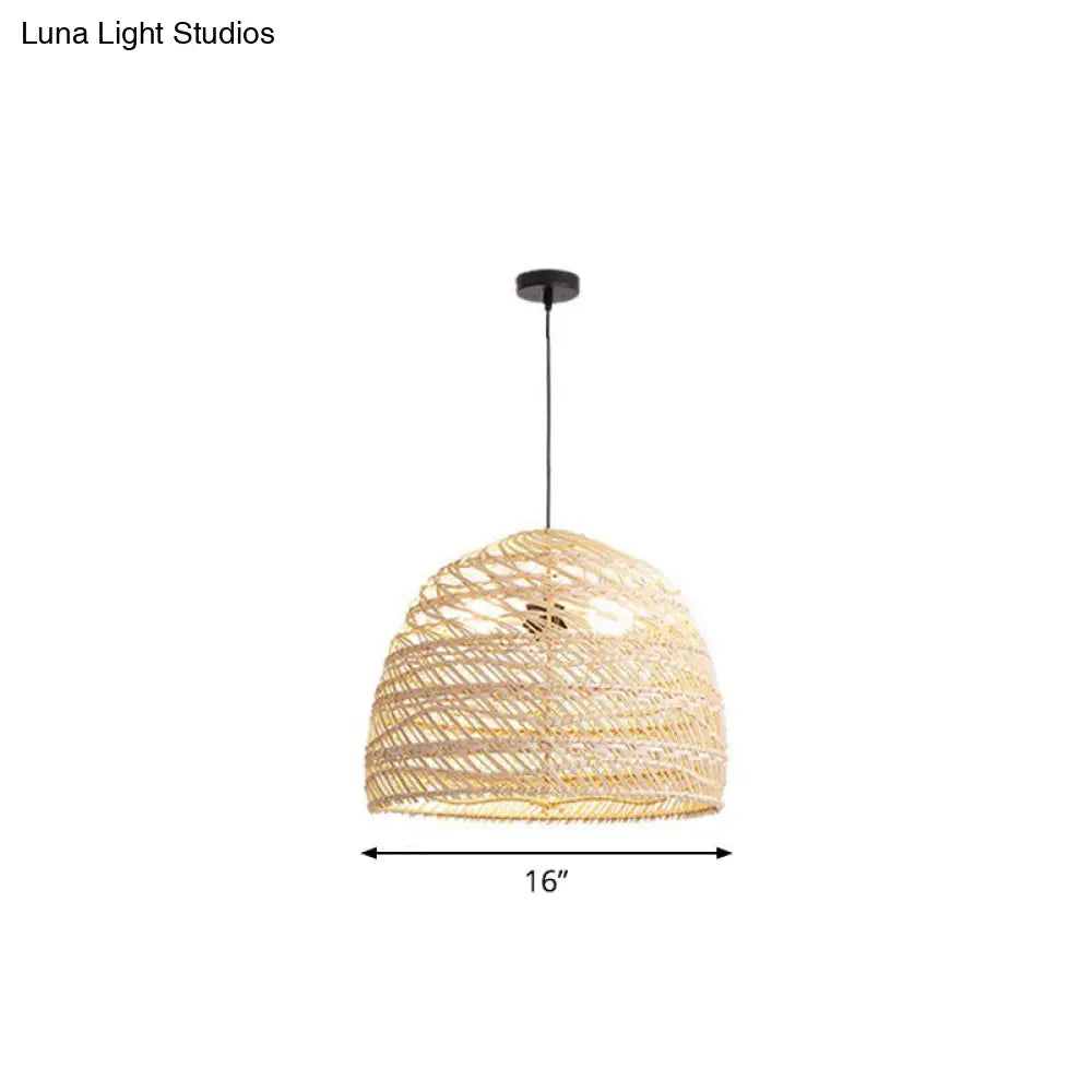 Rustic Rattan 1-Head Domed Pendant Lamp for Bedroom Ceiling