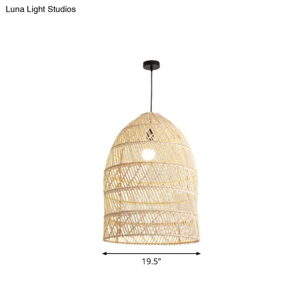 Rustic Rattan 1-Head Domed Pendant Lamp for Bedroom Ceiling