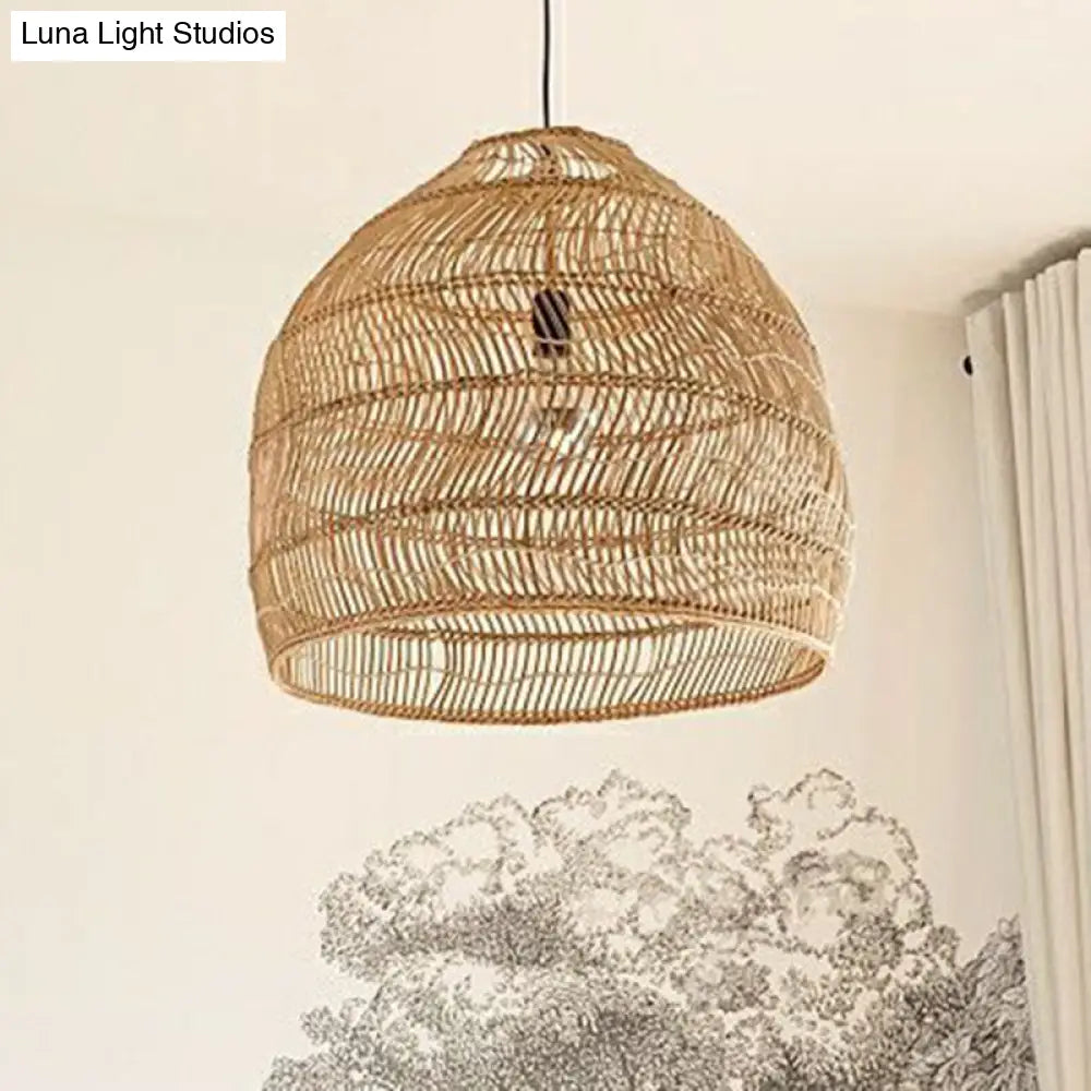 Rustic Rattan 1-Head Domed Pendant Lamp for Bedroom Ceiling