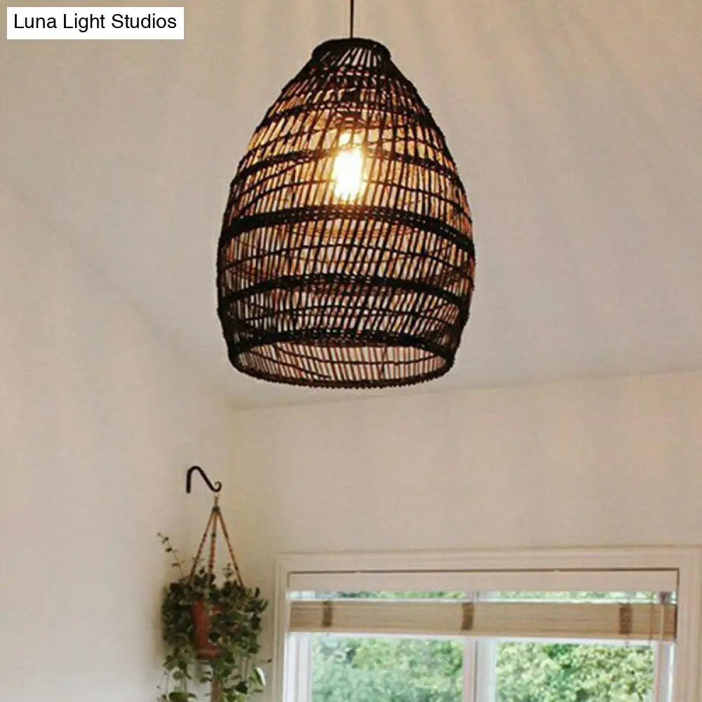 Rustic Rattan 1-Head Domed Pendant Lamp for Bedroom Ceiling