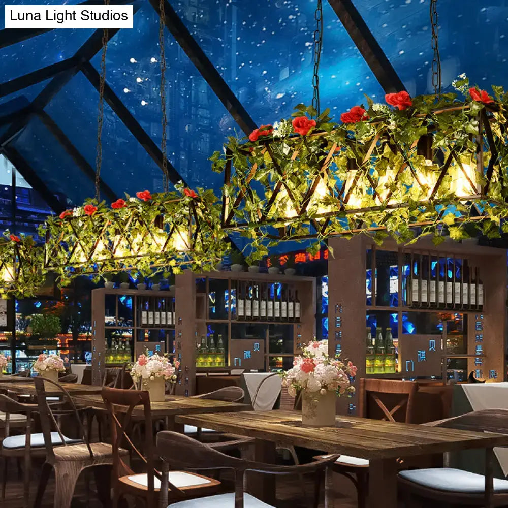 Decorbites rectangular island led metal ceiling light with rustic wood, red green flower plant accents, and warm glow