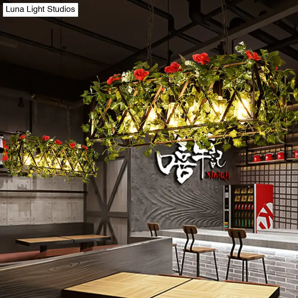 Decorbites™ rectangular island led metal ceiling light with red green flower plant accents and geometric frame