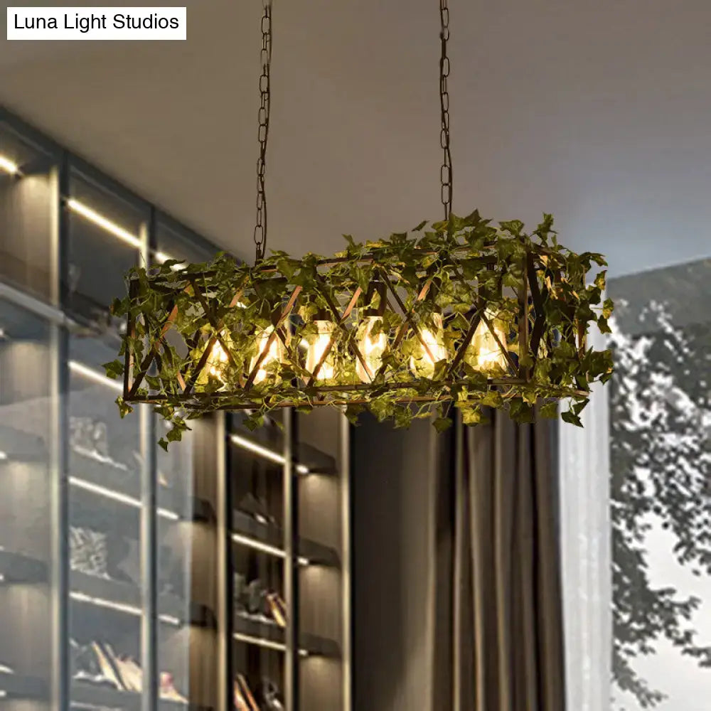 DecorBites™ rectangular island LED metal ceiling light with red green flower plant accents and rustic industrial style