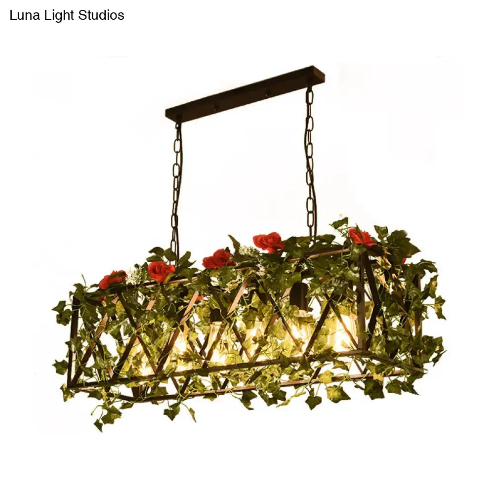 Rustic rectangular island ceiling light with dark metal frame red green flower accents and hanging chains for restaurants