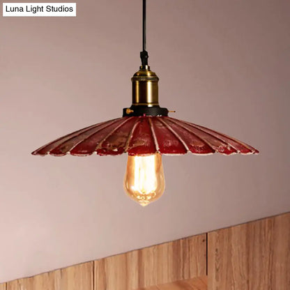 Rustic Red Scalloped Shade Pendant Lamp - Metallic Finish, Coffee Shop Hanging Light Fixture