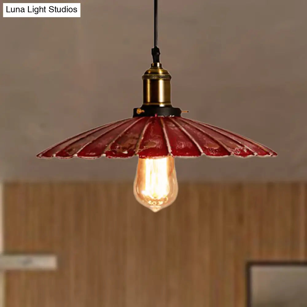 Rustic Red Scalloped Shade Pendant Lamp - Metallic Finish, Coffee Shop Hanging Light Fixture