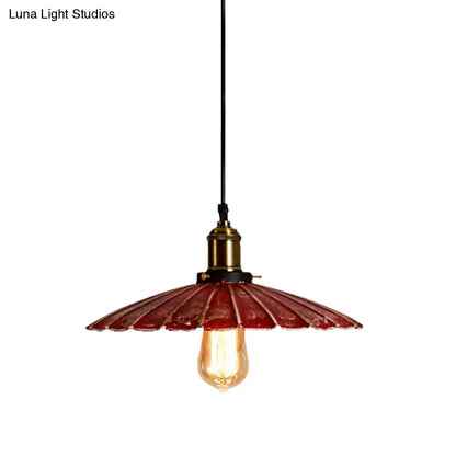 Rustic Red Scalloped Shade Pendant Lamp - Metallic Finish, Coffee Shop Hanging Light Fixture