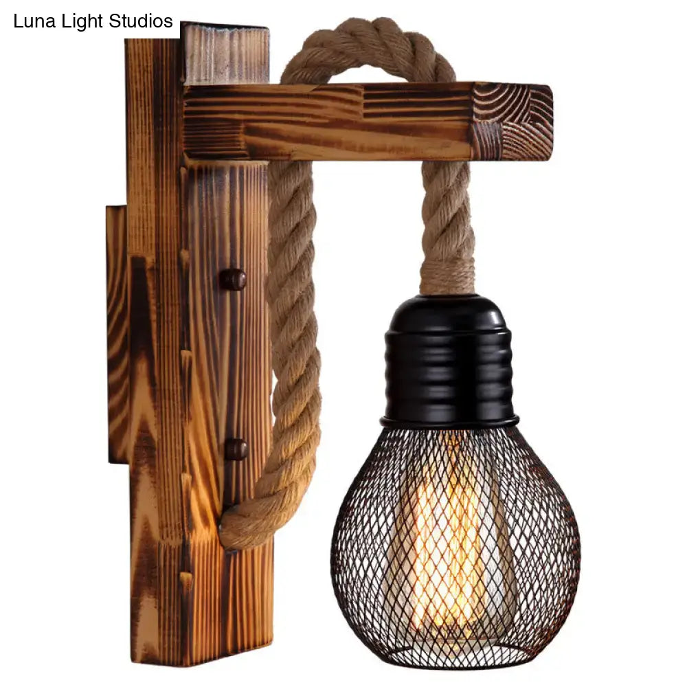 Rustic decorbites l-shaped wooden wall light with beige rope and black metal mesh e26 e27 bulb housing for farmhouse lighting
