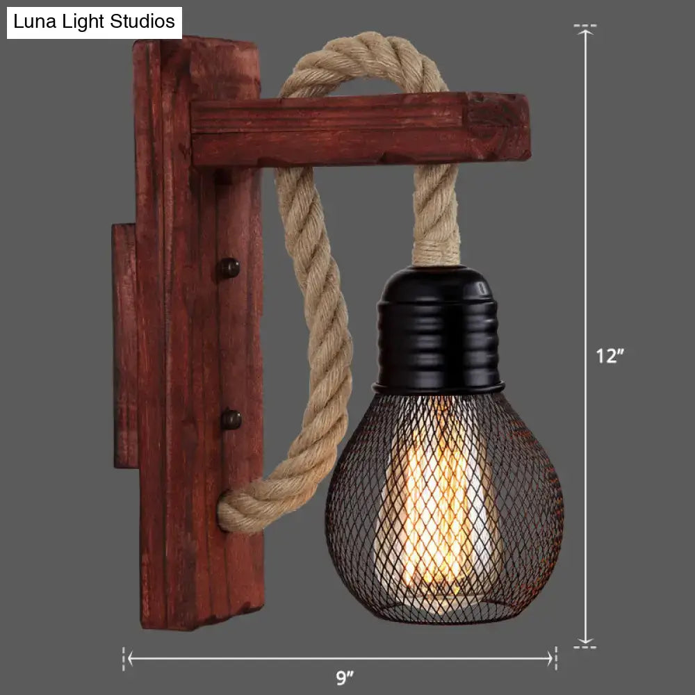 Rustic decorbites™ l-shaped wooden wall light with black mesh e26 e27 bulb and natural rope for farmhouse bedroom lighting