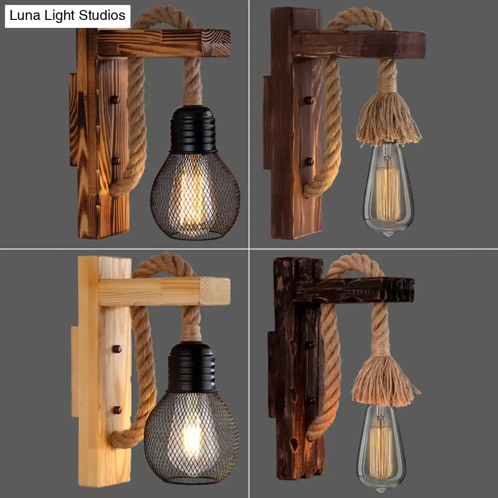 Rustic decorbites™ l-shaped wooden wall light with thick rope arm and exposed e26 e27 filament bulb for farmhouse decor