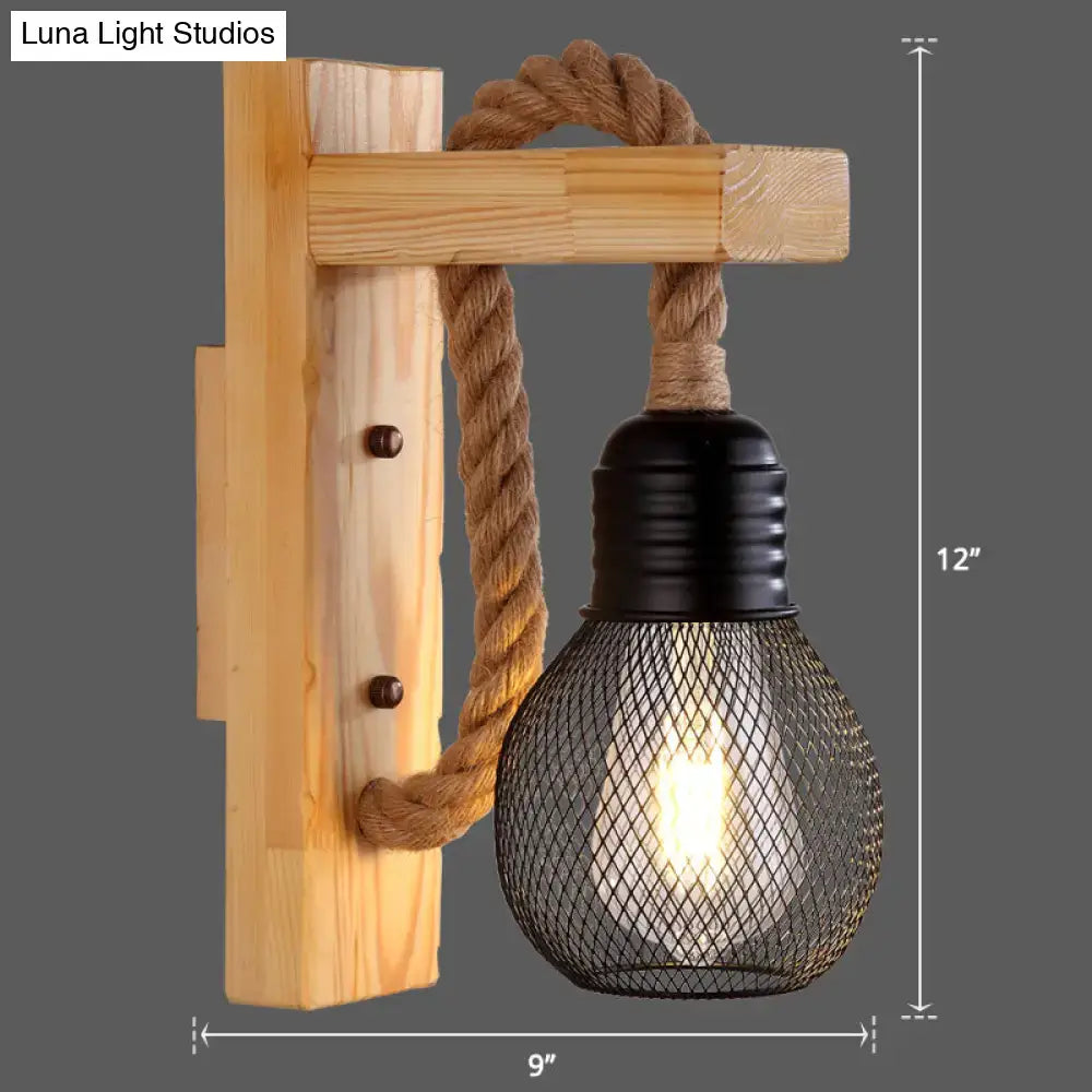 DecorBites™ l-shaped wooden lantern wall light with black mesh e26 e27 bulb cover and natural rope for farmhouse decor