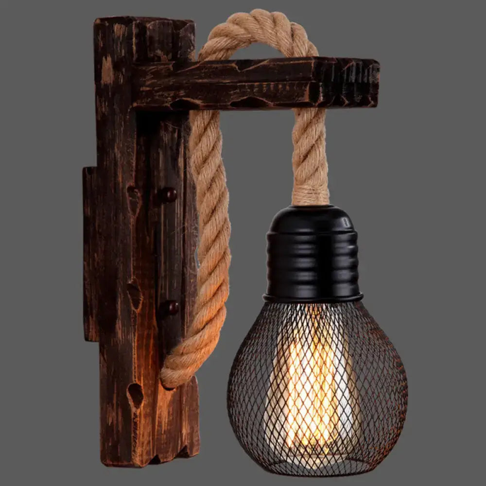 Decorbites™ l-shaped wooden lantern wall light with dark wood bracket beige rope and e26 e27 edison filament bulb cage