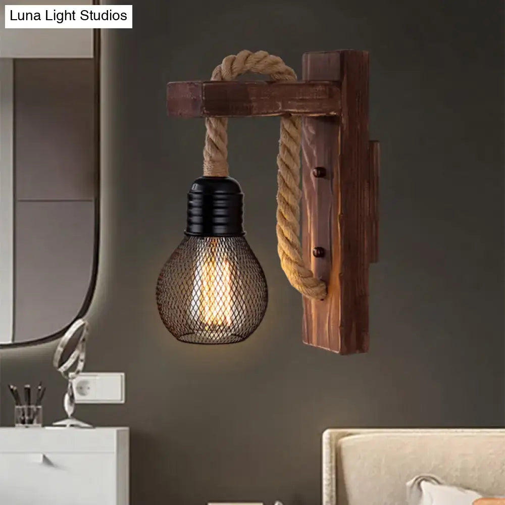 Rustic decorbites™ l-shaped wooden wall light with black mesh e26 e27 bulb and beige rope arm for farmhouse bedroom lighting