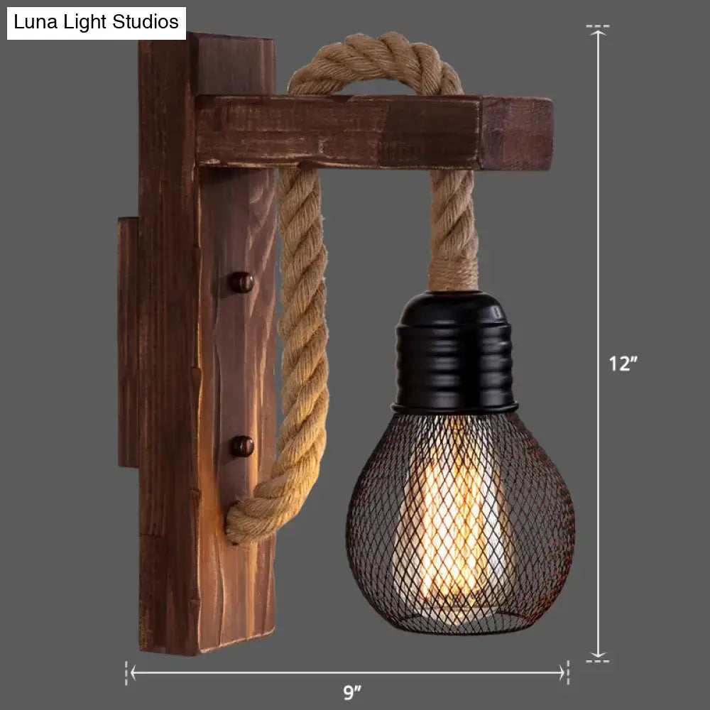 Decorbites l-shaped wooden wall light with thick beige rope and black mesh cage housing exposed bulb e26 e27 socket