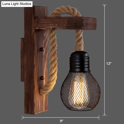 Decorbites l-shaped wooden wall light with thick beige rope and black mesh cage housing exposed bulb e26 e27 socket