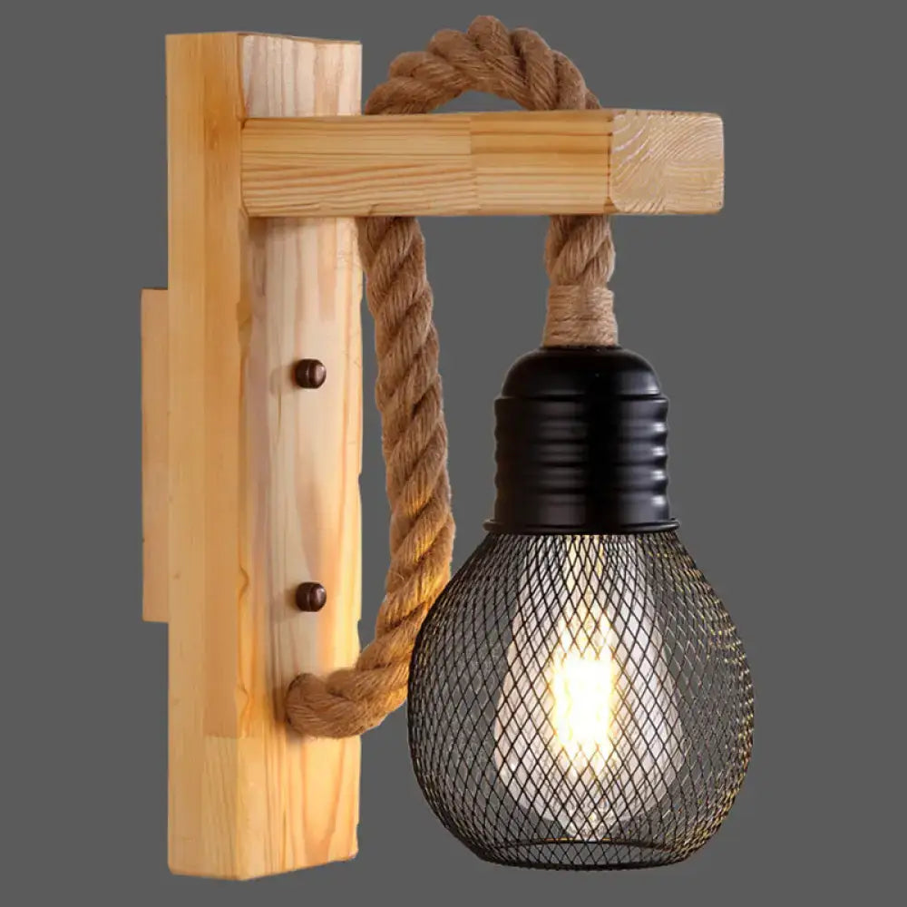 Rustic wooden wall light with thick braided rope and black metal e26 e27 bulb housing for farmhouse bedroom decor