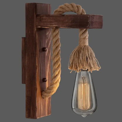 DecorBites™ l-shaped wooden wall light with natural rope arm and exposed filament bulb for farmhouse e26 e27 lighting
