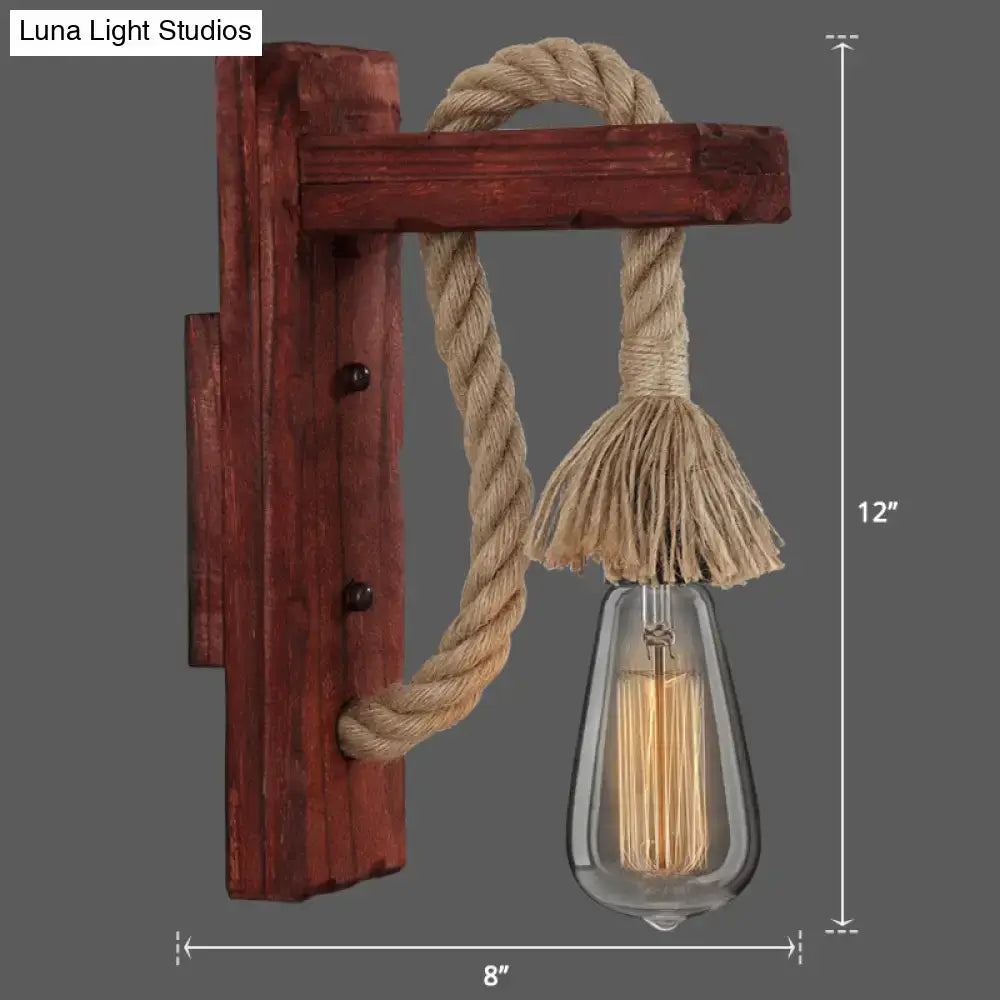 Rustic red wooden wall light decorbites l-shaped lantern with beige rope arm and exposed glass bulb e26 e27 socket