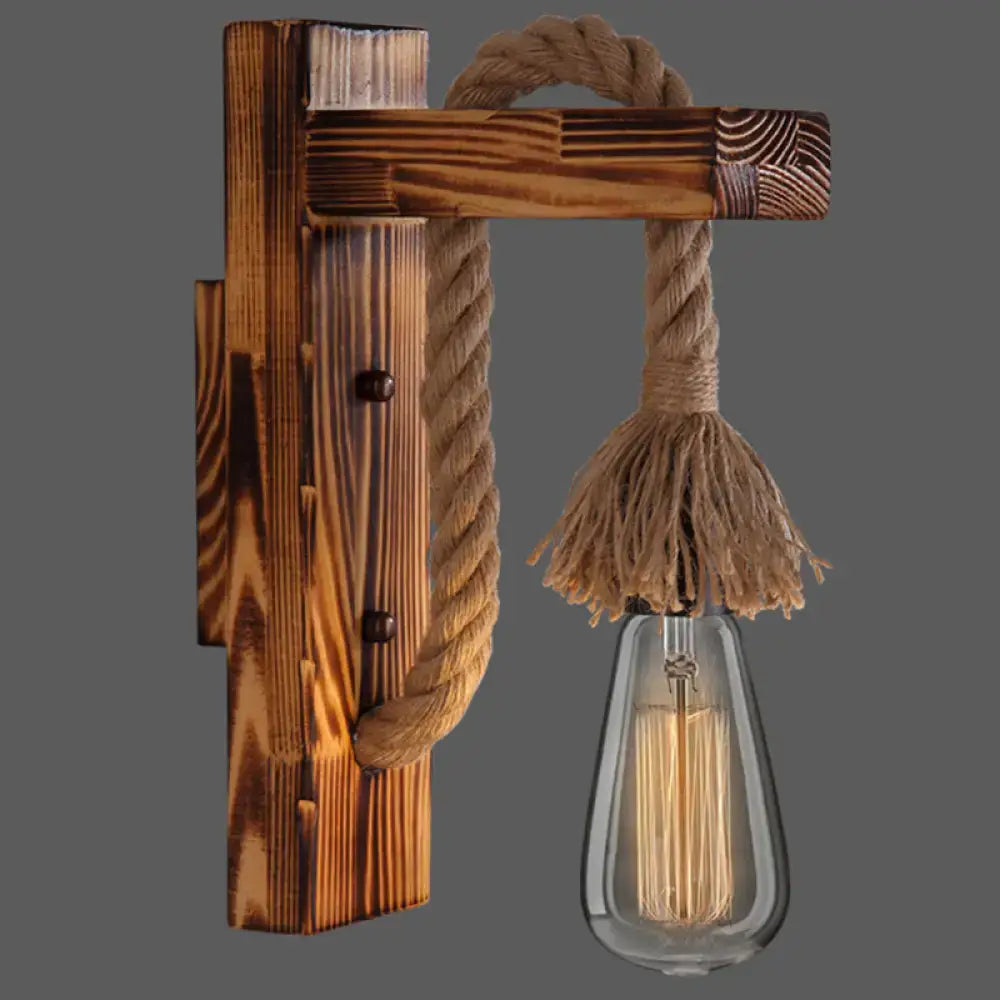 Rustic decorbites l-shaped wooden wall light with beige rope arm and exposed filament bulb compatible with e26 e27 bulbs